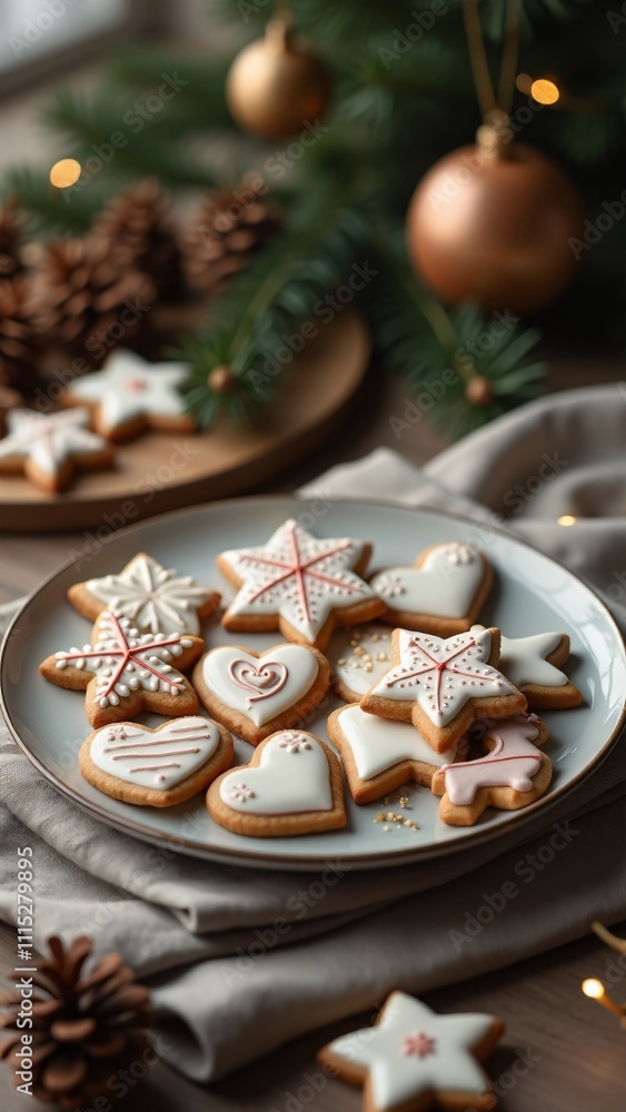 Fototapeta premium Golden star-shaped cookies dusted with edible shimmer powder and adorned with delicate icing patterns. Displayed on a glass plate with silver and gold holiday decorations.