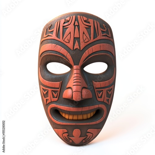 A tribal mask with bold carvings and colors, isolated on white background, representing cultural heritage and artistic expression, perfect for museum promotions, cultural event branding photo