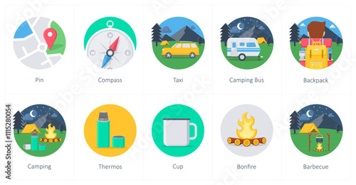 A set of 10 camping icons as pin, compass, taxi