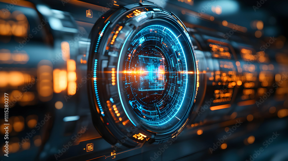 Futuristic Projector Showcasing Holographic Business Presentation with Glowing Background Futuristic Projector Showcasing Holographic Business Presentation with Glowing Background