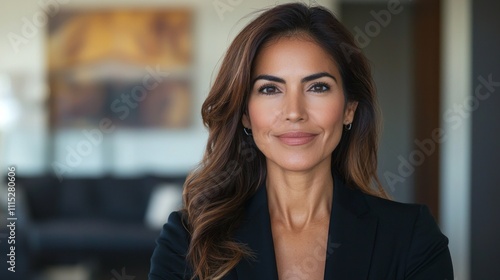 Wallpaper Mural A beautiful and successful hispanic woman stands confidently in a modern office space, her warm smile radiating positivity and assurance in a vibrant, inspiring atmosphere Torontodigital.ca