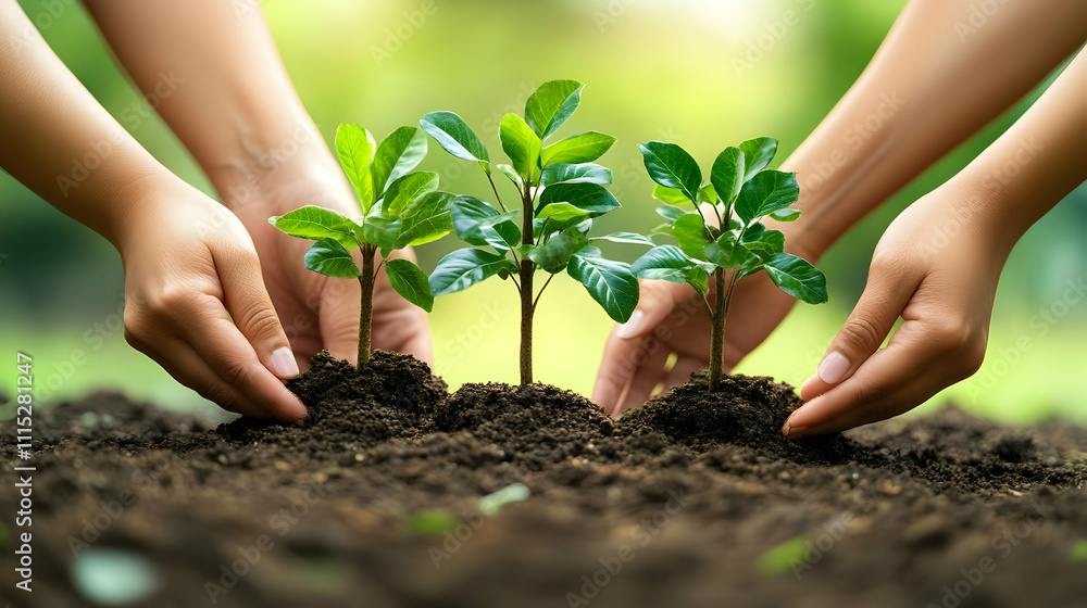 3D Close-Up Diverse Hands Planting Trees Urban Green Space Sustainability Teamwork 3D Close-Up Diverse Hands Planting Trees Urban Green Space Sustainability Teamwork