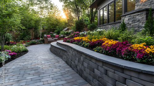 Landscaping Design: Backyard Patio & Retaining Wall with Colorful Flowers