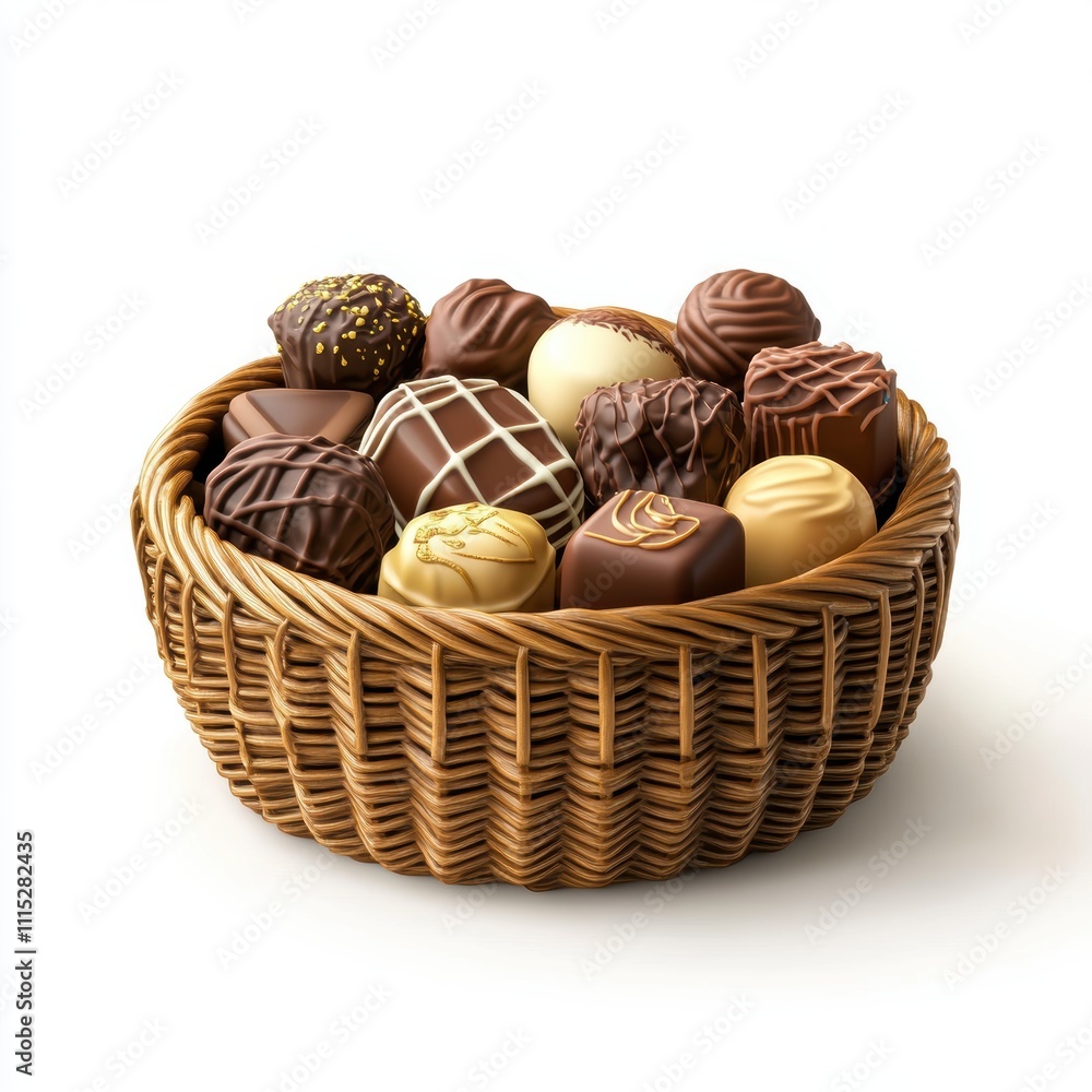 A woven basket filled with assorted chocolate , isolated on white background A woven basket filled with assorted chocolate , isolated on white background