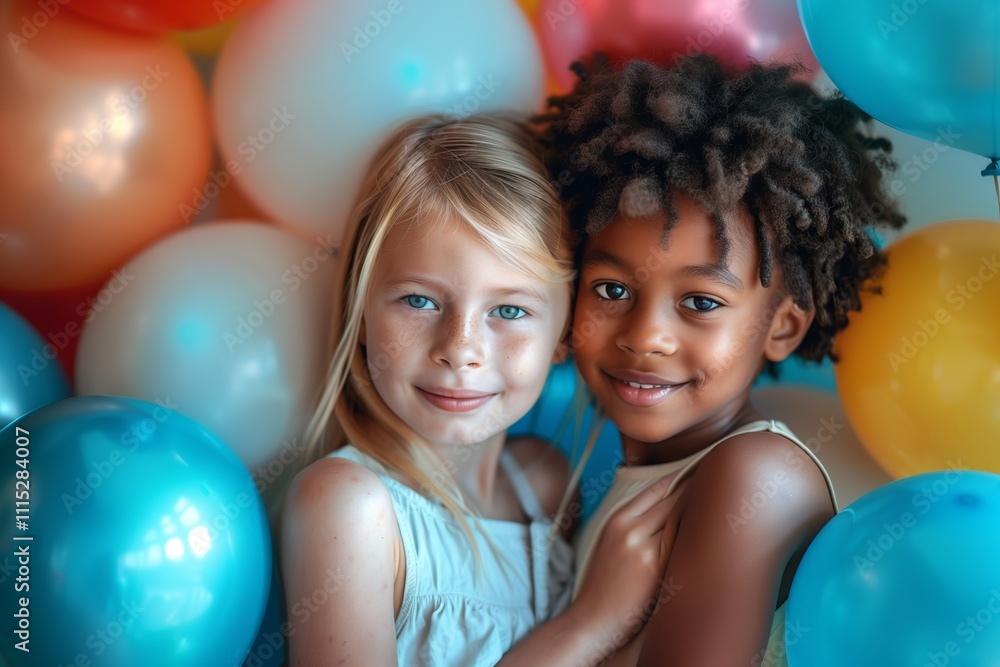 Obraz premium Two joyful children pose together amid colorful balloons, celebrating friendship.