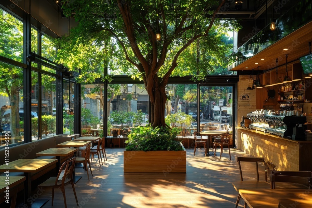 Fototapeta premium Cafe ambiance with indoor tree urban coffee shop interior design relaxed environment cozy viewpoint nature and comfort fusion