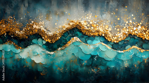 Teal Gold Waves Abstract Pa...