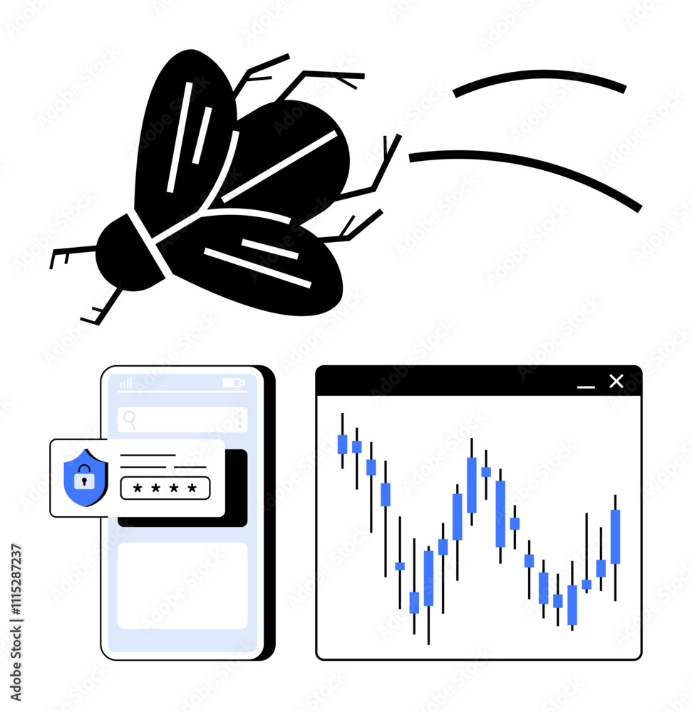 Flying bug, smartphone with security popup, and data graph on screen ...
