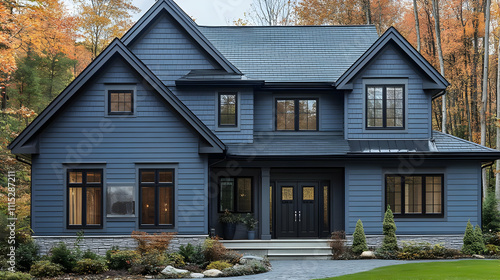 Blue House with Black Windo...