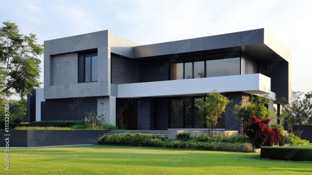 Modern architectural design featuring a sleek, minimalist house with landscaped surroundings. Modern architectural design featuring a sleek, minimalist house with landscaped surroundings.