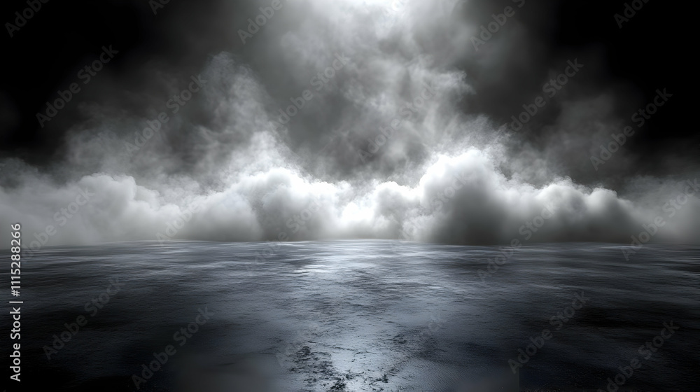 Obraz premium Misty Surface: Eerie Fog Rolls Across Dark Ground, Creating a Mysterious Atmosphere