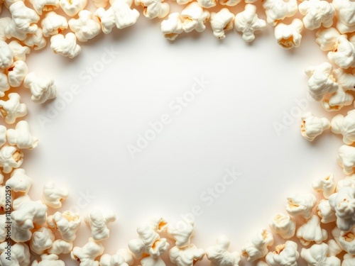 A creative frame made of fluffy popcorn on a clean white background with space for text, food, entertainment, background