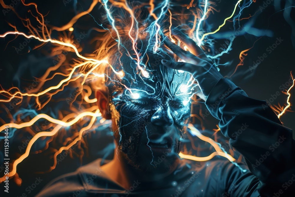 Obraz premium A close-up of a person emanating electric energy from their head while screaming, showcasing a dramatic representation of intense emotion and mental struggle