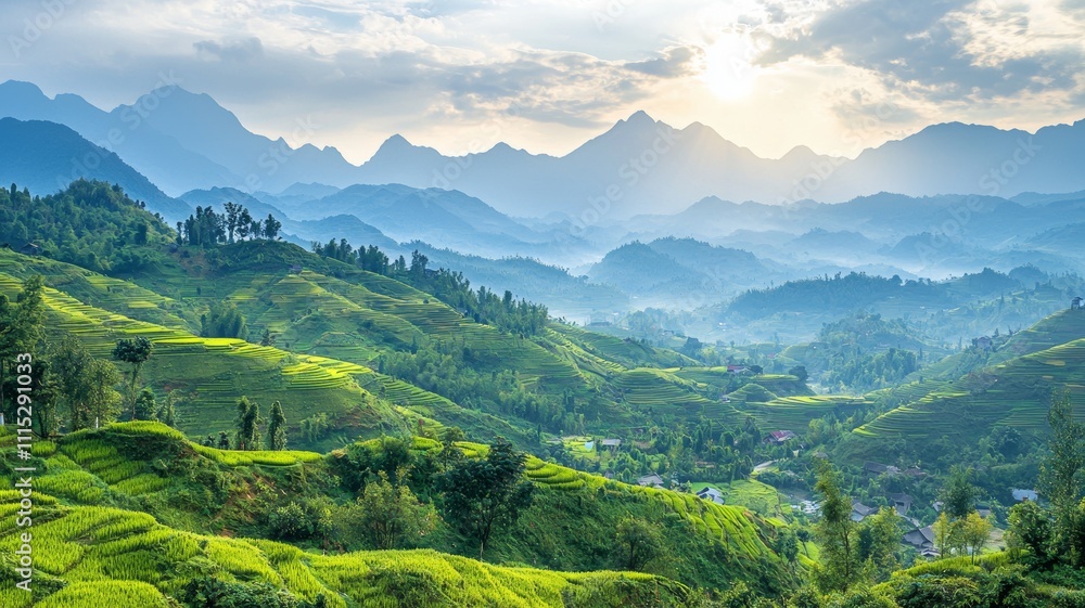 Obraz premium Stunning Sunrise over Lush Green Rice Terraces and Mountains