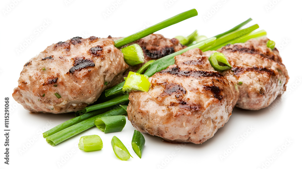 Grilled Meat Patties with Fresh Green Onions on White Background for Culinary and Food Photography Grilled Meat Patties with Fresh Green Onions on White Background for Culinary and Food Photography