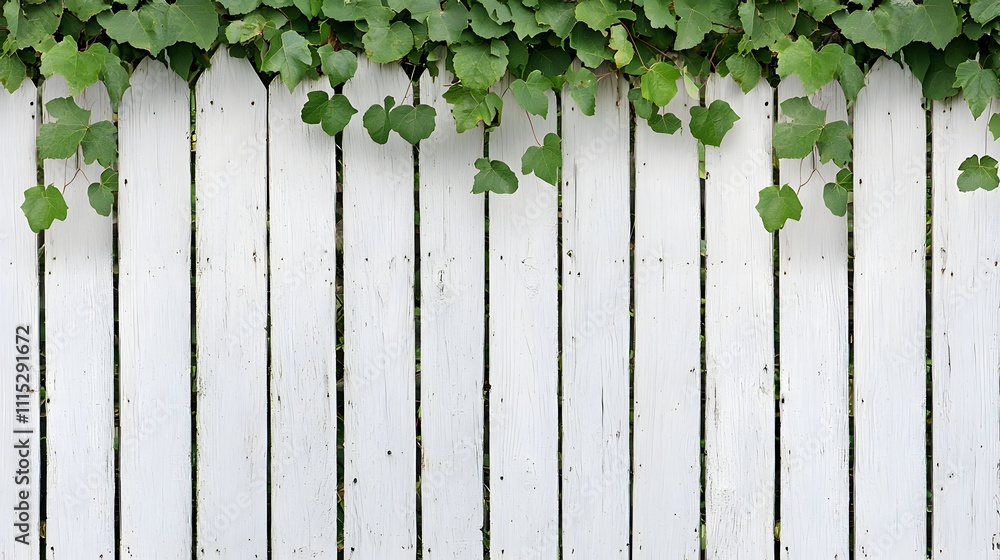 Fototapeta premium Overgrown Vines Embrace a Weathered White Fence in a Peaceful Garden Scene of Nature's Resilience. Perfectly Imperfect Concept
