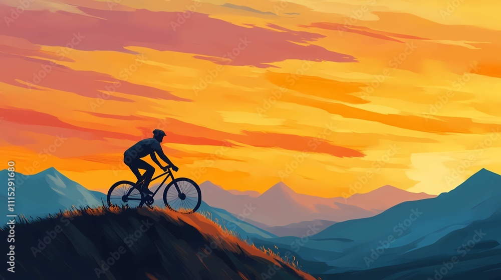 Fototapeta premium A cyclist ascends a hill at sunset, surrounded by mountains, showcasing the beauty of nature and adventure.