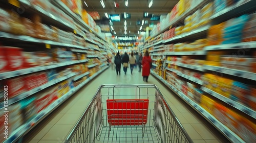 Empty shopping basket in busy supermarket aisle photo