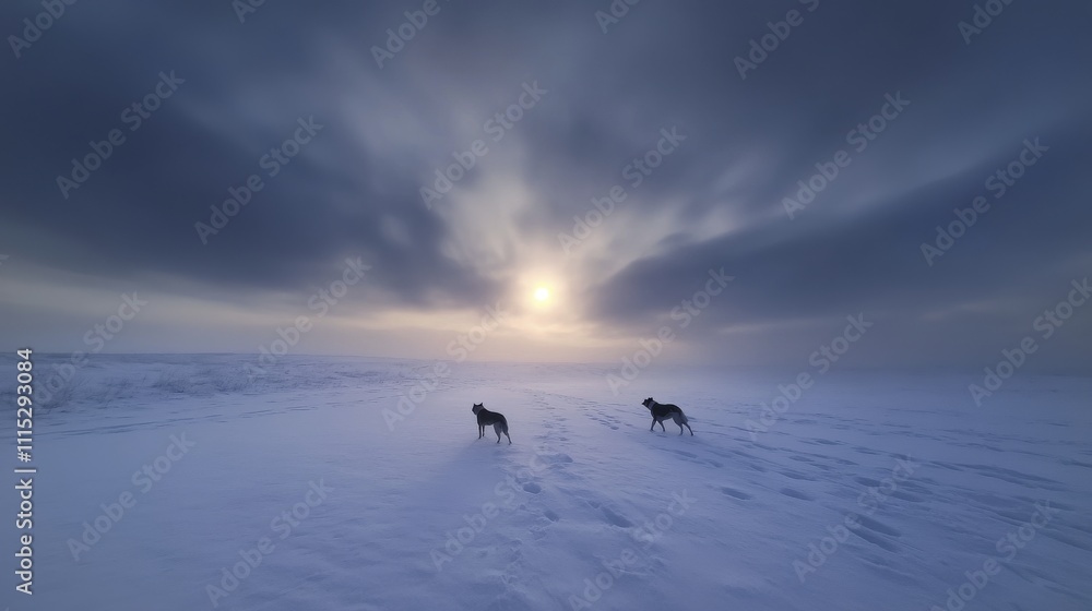 Fototapeta premium Two Dogs in Snowy Landscape, Winter Sunset | Dramatic Skies: The im...
