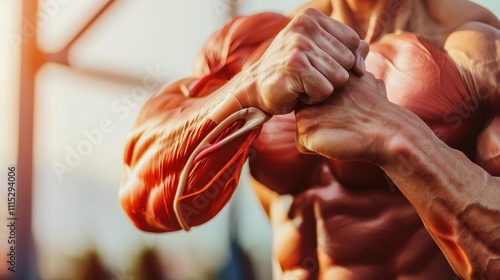 Muscular arm flexing with detailed veins and tendons visible, symbolizing strength and physiology, close-up view emphasizing muscle structure and human anatomy. photo