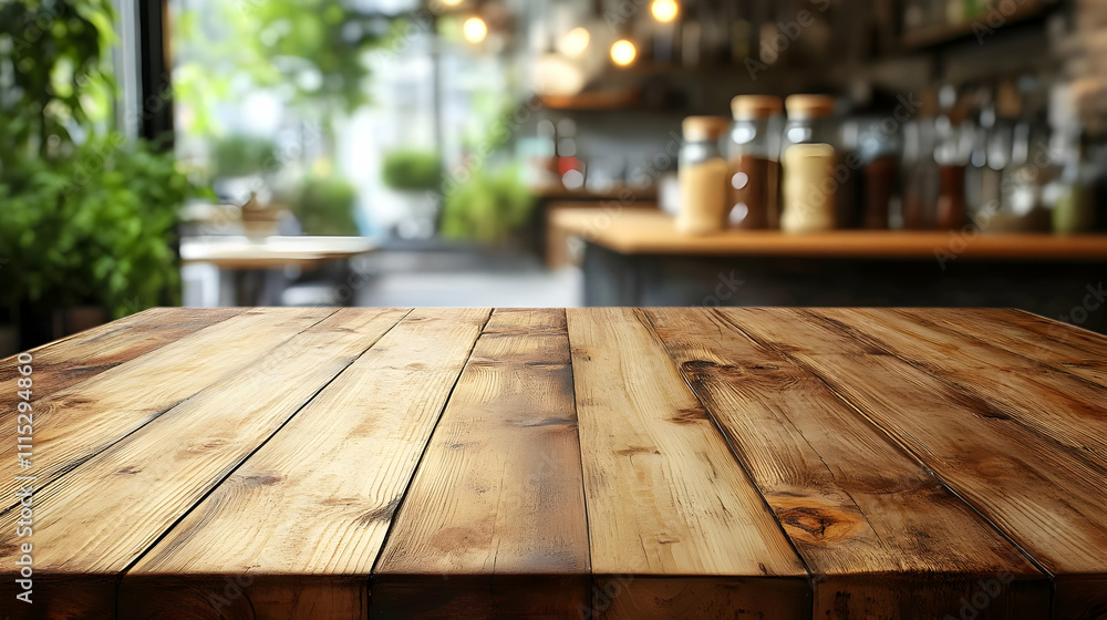 Wooden Tabletop: Rustic Cafe Ambiance, Summer Day Wooden Tabletop: Rustic Cafe Ambiance, Summer Day