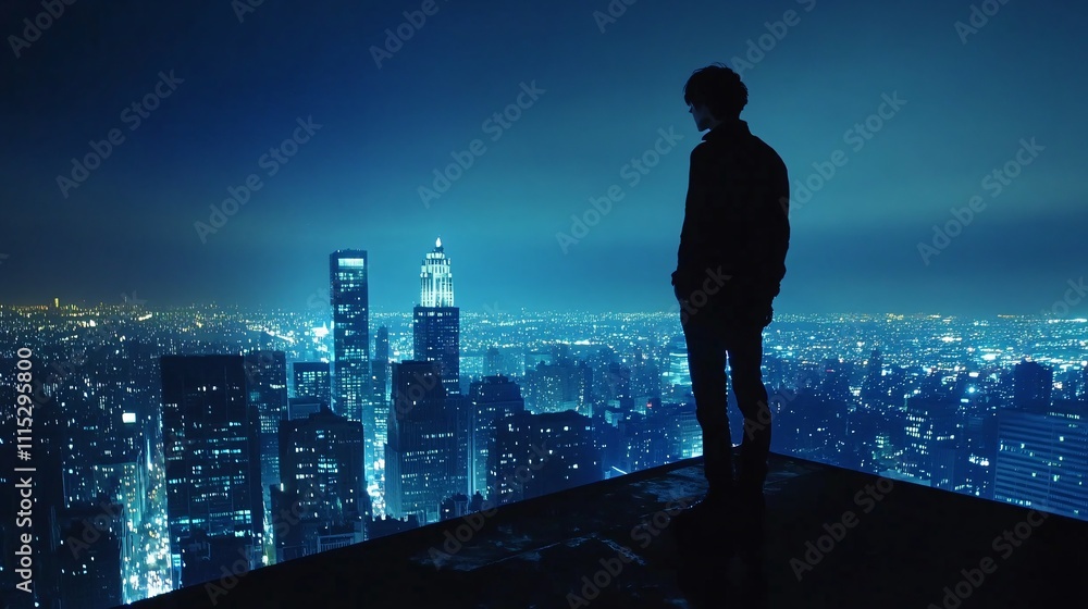 A young man stands on a rooftop, gazing at the glowing city skyline at night, embodying the dreams and aspirations of Gen Z. The scene reflects the digital age, urban lifestyle, and the dynamic energy A young man stands on a rooftop, gazing at the glowing city skyline at night, embodying the dreams and aspirations of Gen Z. The scene reflects the digital age, urban lifestyle, and the dynamic energy