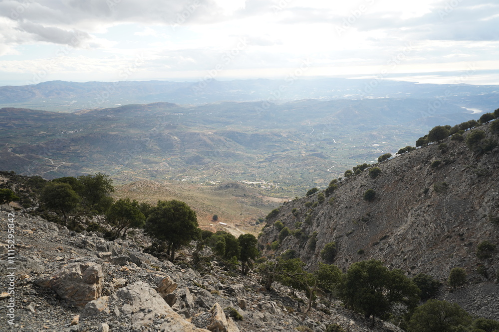 Obraz premium hiking trail of Rouvas gorge and mountain , panoramic view