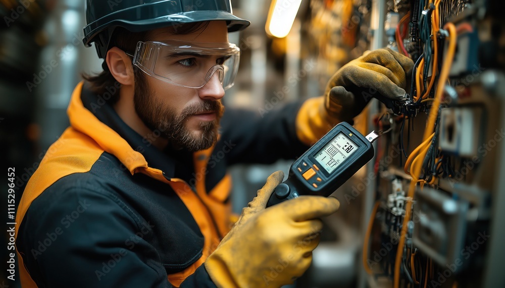 electrical engineer testing power line current with multimeter in industrial setting emphasizing safety and precision electrical engineer testing power line current with multimeter in industrial setting emphasizing safety and precision