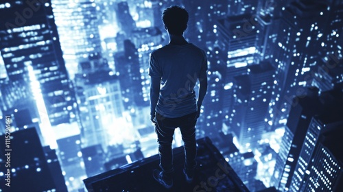 A young man stands on a rooftop, gazing at the glowing city skyline at night, embodying the dreams and aspirations of Gen Z. The scene reflects the digital age, urban lifestyle, and the dynamic energy