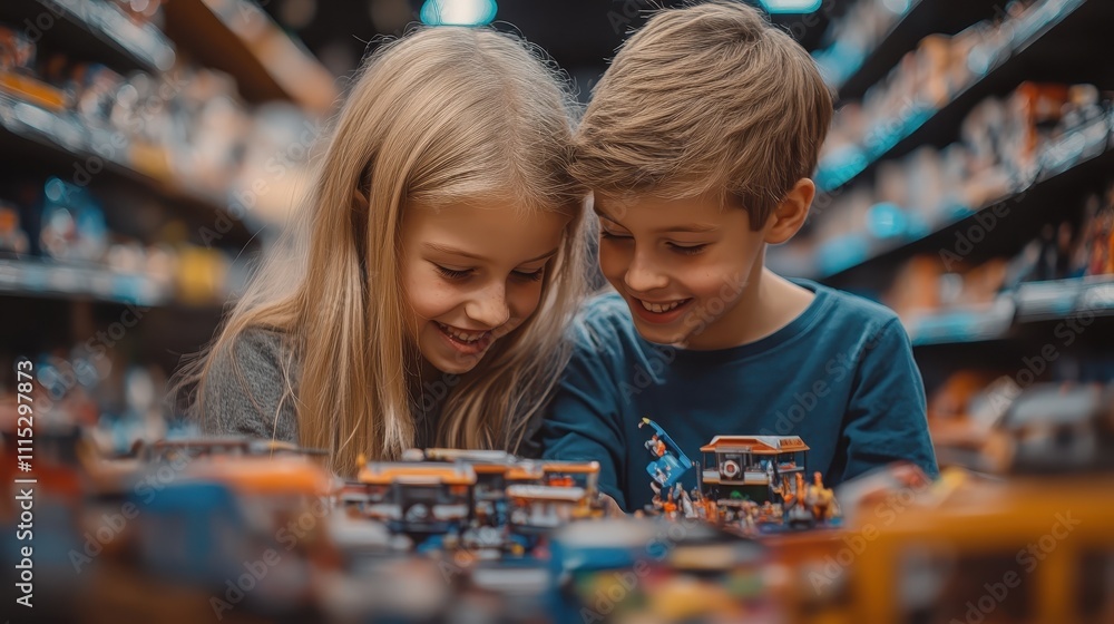 Fototapeta premium Children playing with toys in a vibrant store, smiles and curiosity lighting up their faces selective focus, innocent delightWhimsical, Silhouette, Toy store wonderland