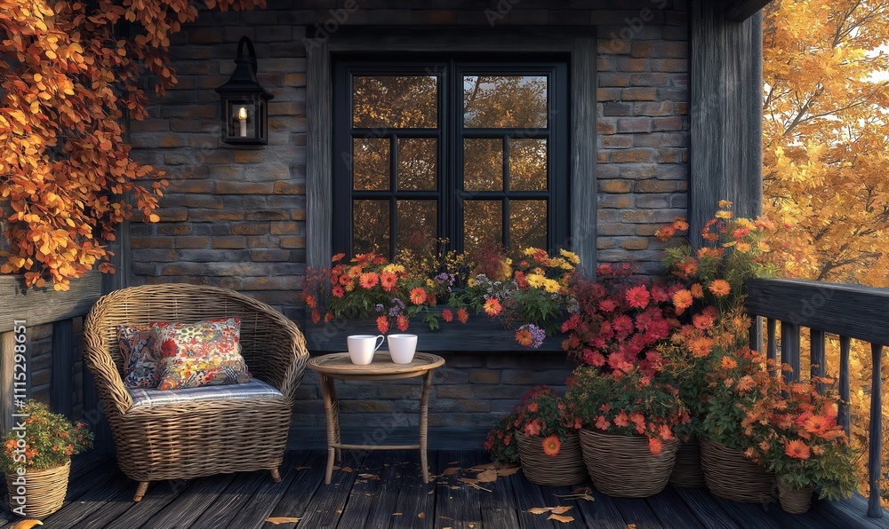 Obraz premium Autumn morning on the balcony with a cup of coffee in autumn.