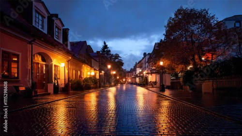 Cozy Wet Street at Dusk with Colorful Reflections