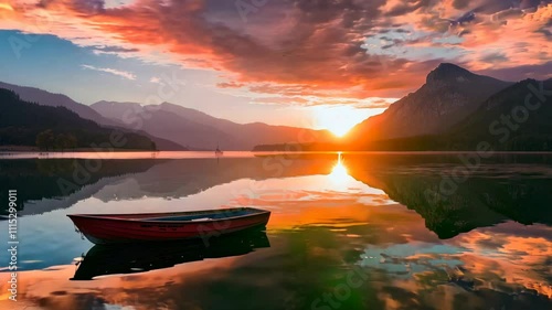 Boats on a calm lake with mountains in the background at dusk