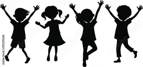 Group of Happy Kids Dancing Silhouette - Children Raising Hands Vector Illustration.