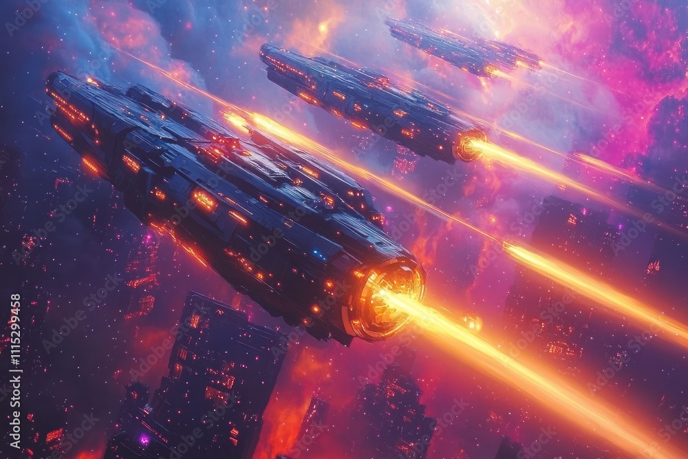 Fototapeta premium Spaceships Fly Through A Colorful Nebula Above A City