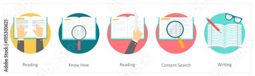 A set of 5 education icons as reading, know how, reading