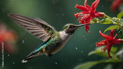 A vibrant hummingbird in flight, feeding from a bright red flower. Water droplets add to the image's dynamism.