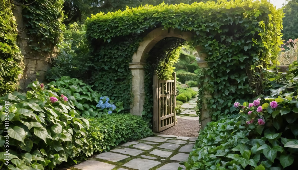 Obraz premium A picturesque garden gate framed by lush greenery. A stone path leads through the gate, inviting the viewer to explore the garden beyond. The archway created by the overgrown greenery