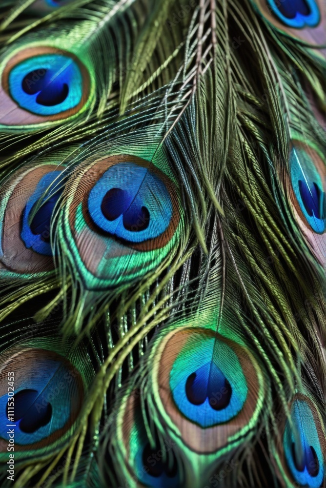 Fototapeta premium A vibrant display of peacock feathers, showcasing their iridescent colors and intricate patterns.