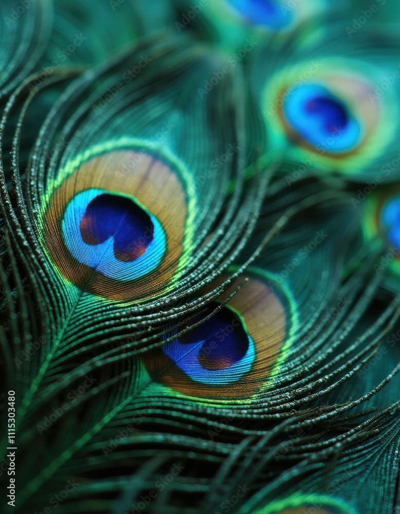 Obraz premium A vibrant display of peacock feathers, showcasing their iridescent colors and intricate patterns.