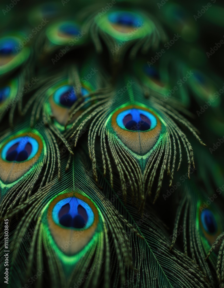 Fototapeta premium A vibrant display of peacock feathers, showcasing their iridescent colors and intricate patterns.