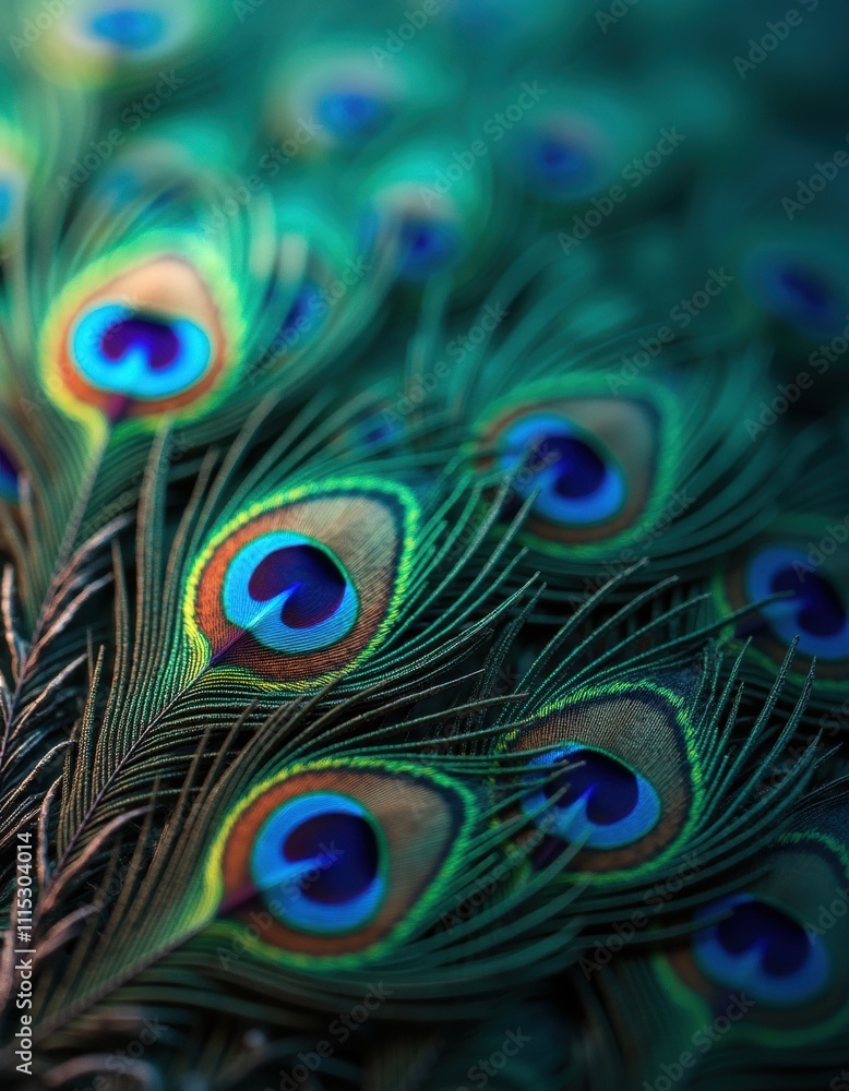 Fototapeta premium A vibrant display of peacock feathers, showcasing their iridescent colors and intricate patterns.