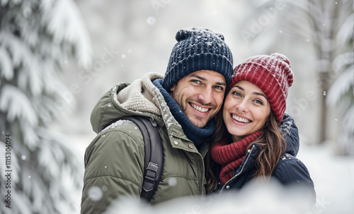 Happy couple enjoying a winter day in the snow, smiling and embracing each other outdoors