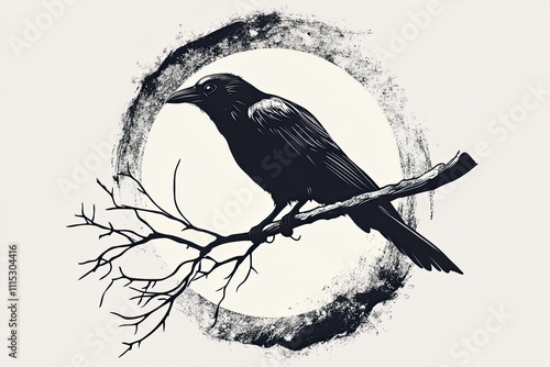 A raven perched on a branch full moon behind circular design vector black and white simple