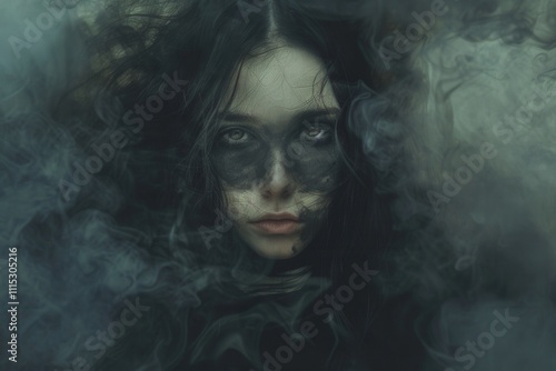 Mysterious cloaked figure stands against a dimly lit textured background, embodying an aura of intrigue and shadows in a moody atmosphere
