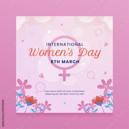 Pink floral design for International Womens Day on March 8th. Suitable for greeting cards, social media posts, and event posters.