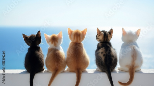 Five Adorable Kittens Sitting on a White Wall Overlooking the Ocean