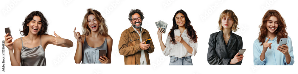PNG People playing with mobile phones set on transparent background PNG People playing with mobile phones set on transparent background