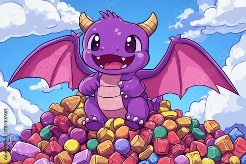 A cute purple dragon sits atop a colorful pile of gems. photo