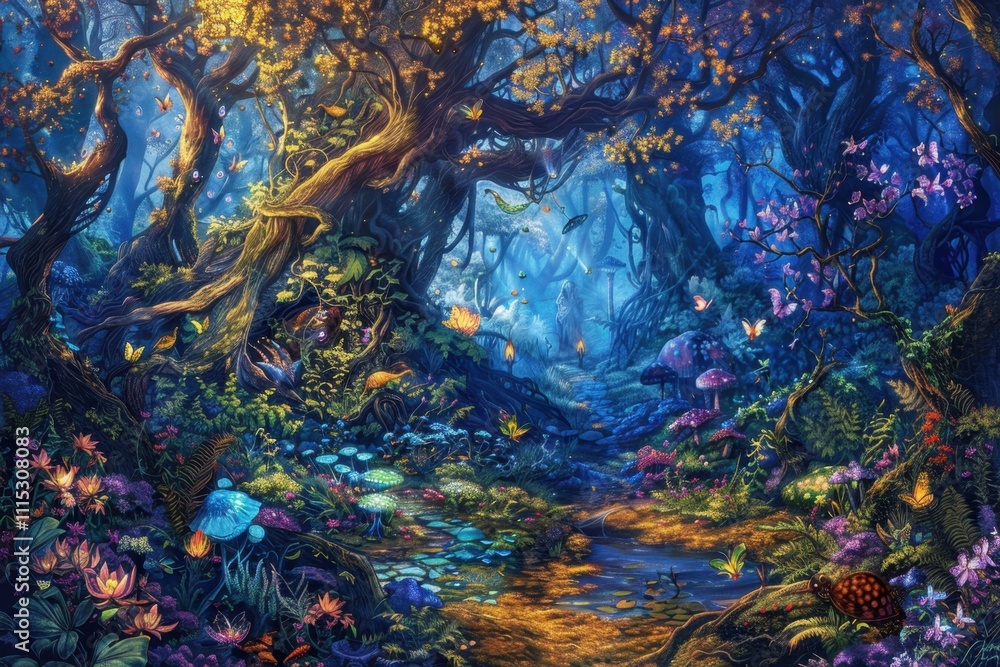 Naklejka premium A vibrant, enchanted forest filled with lush foliage, colorful flowers, and a winding path illuminating the serene beauty of nature during the golden hour
